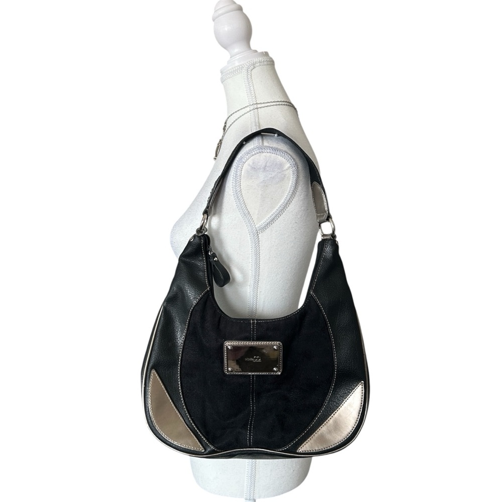 Y2K “Nine & Co” Black Faux Suede Style Shoulder Bag with Gold Accents